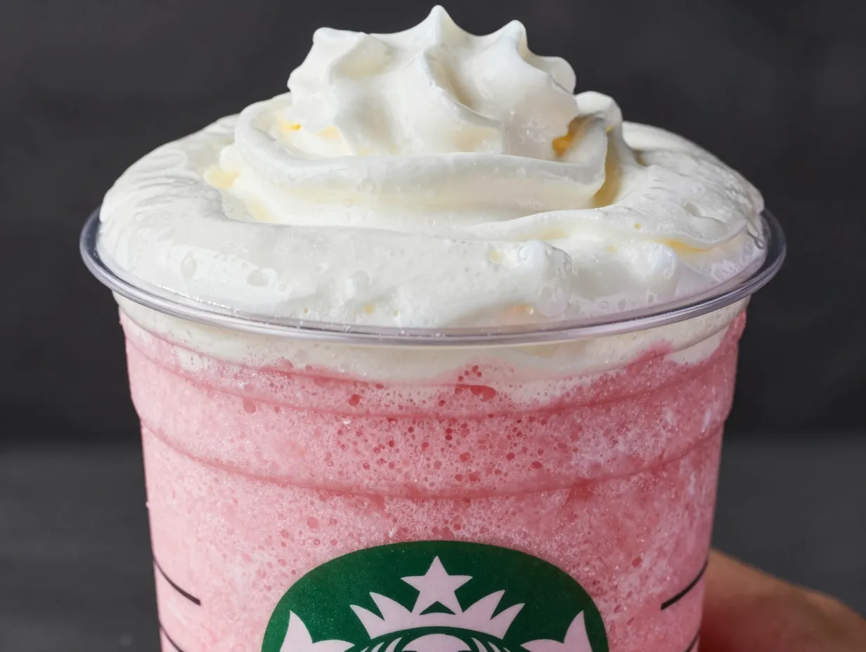 Frozen blended pink drink slushie with creamy foam top