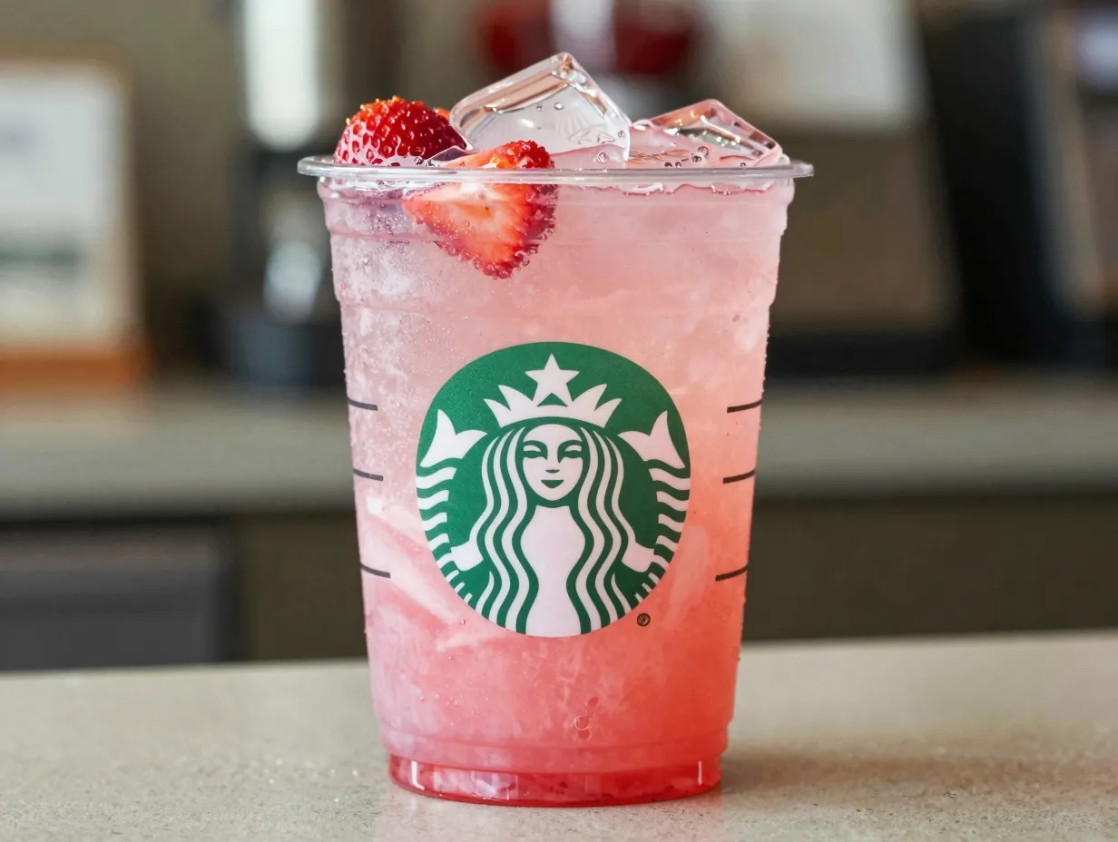 Pink lemonade drink with coconut milk in grande cup