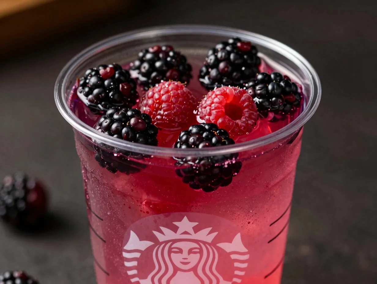Berry hibiscus pink drink with raspberry syrup and blackberries