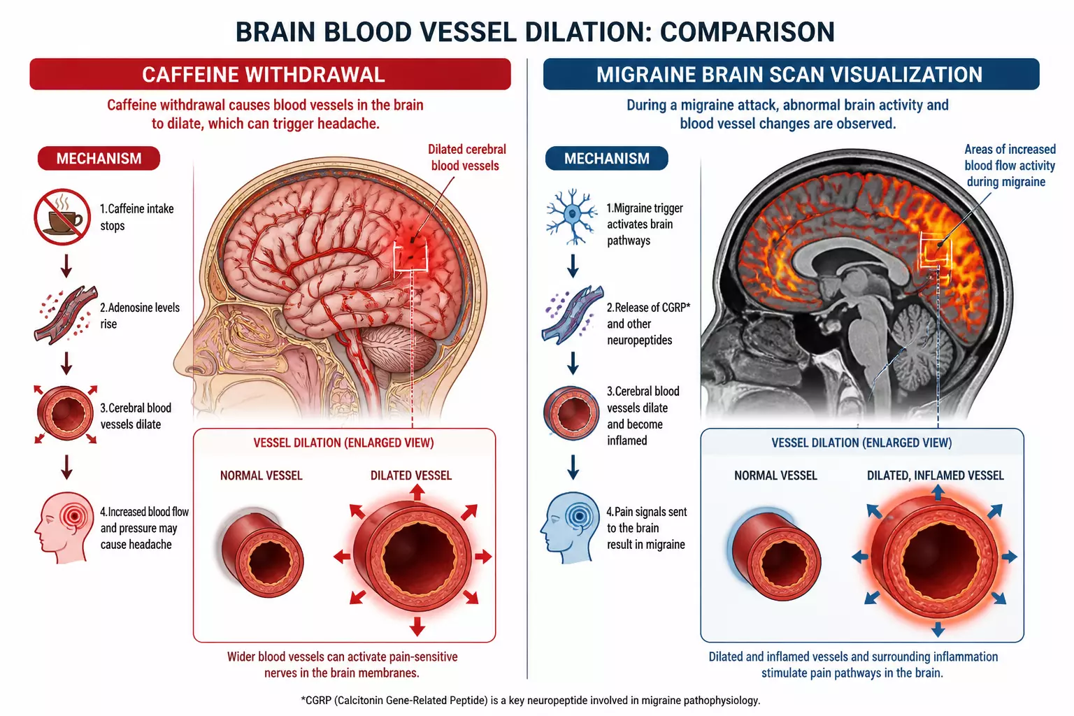 Caffeine withdrawal migraine brain comparison infographic