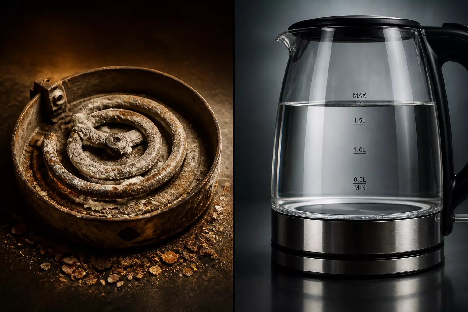 Old vs new kettle limescale rust comparison