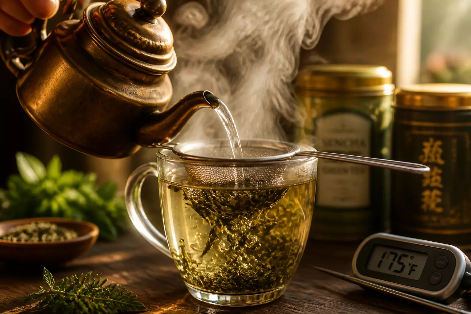 Pouring hot water green tea kitchen strainer