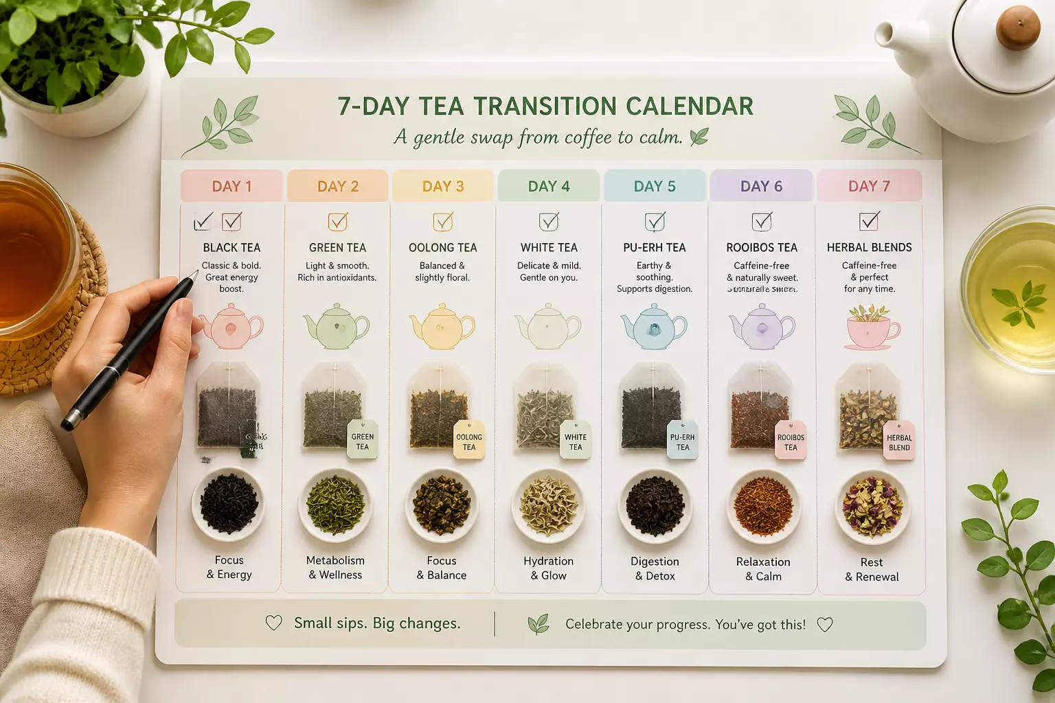 Seven day tea transition planner flat lay
