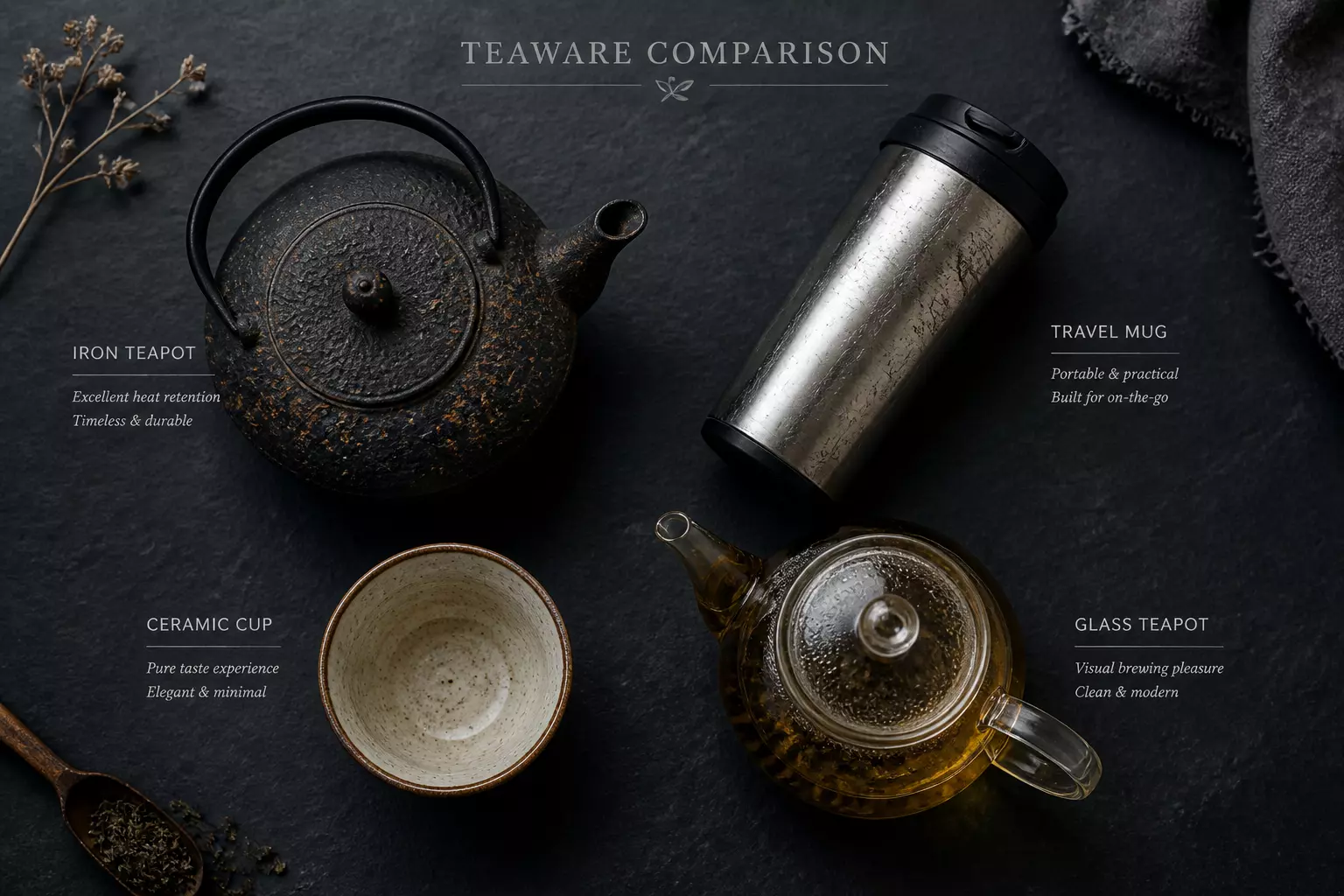 Teaware material taste comparison flat lay