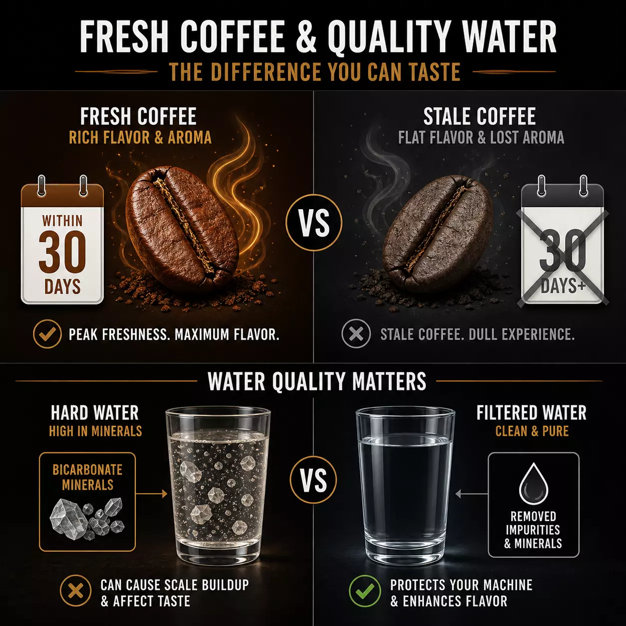Coffee freshness water quality dual infographic guide