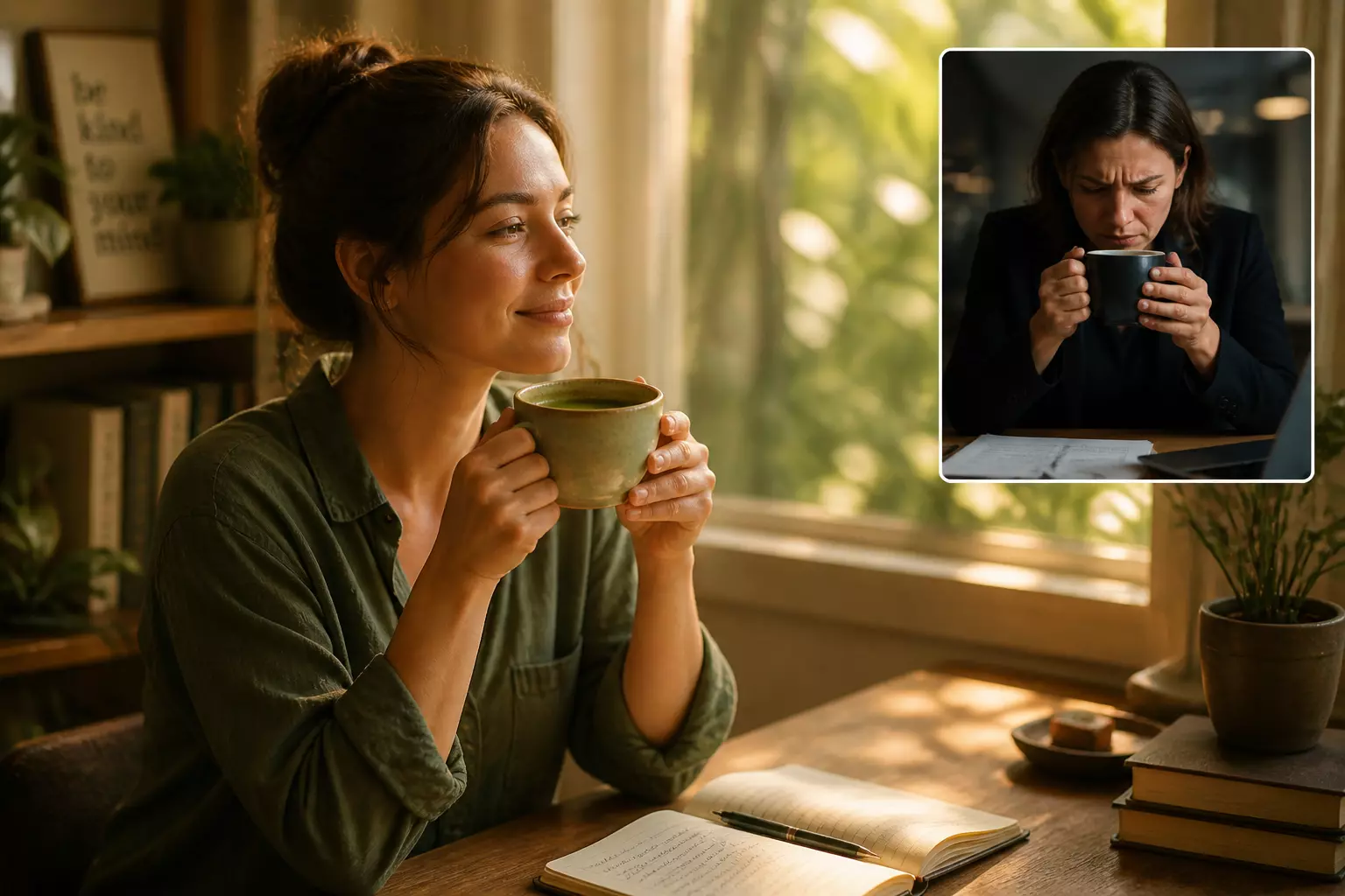 Calm tea vs tense coffee split wellness lifestyle