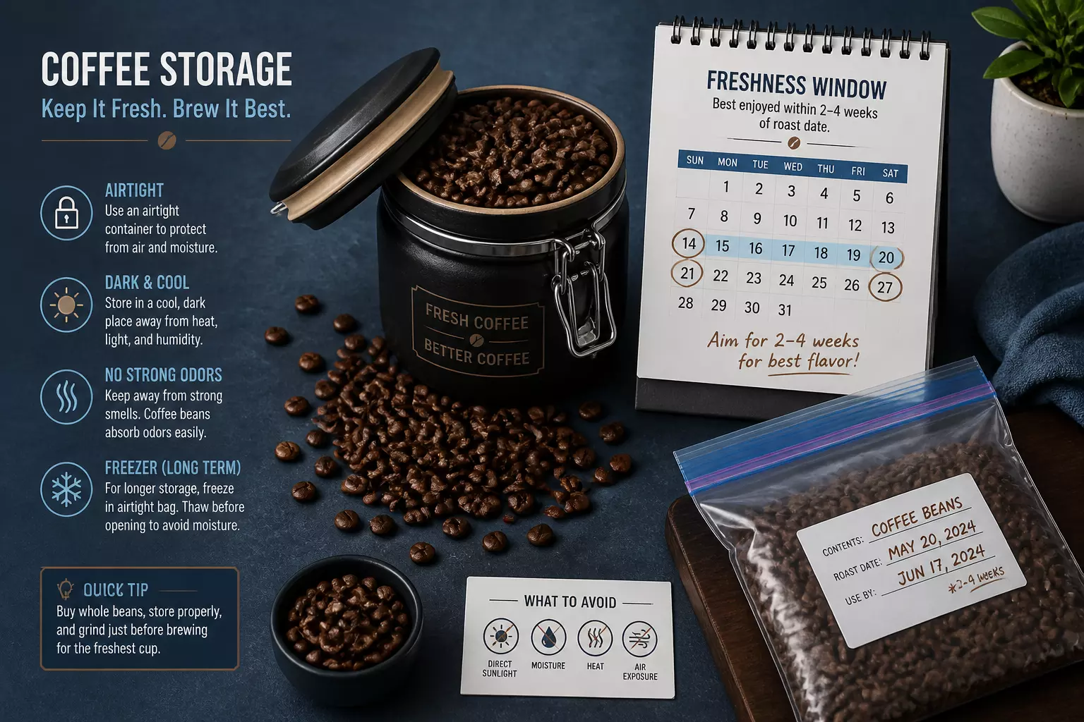 Coffee storage airtight canister freshness calendar