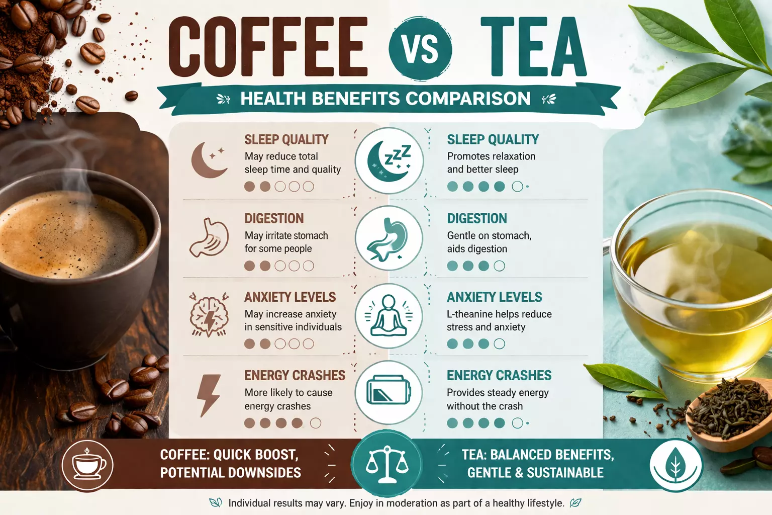 Coffee vs tea health benefits infographic