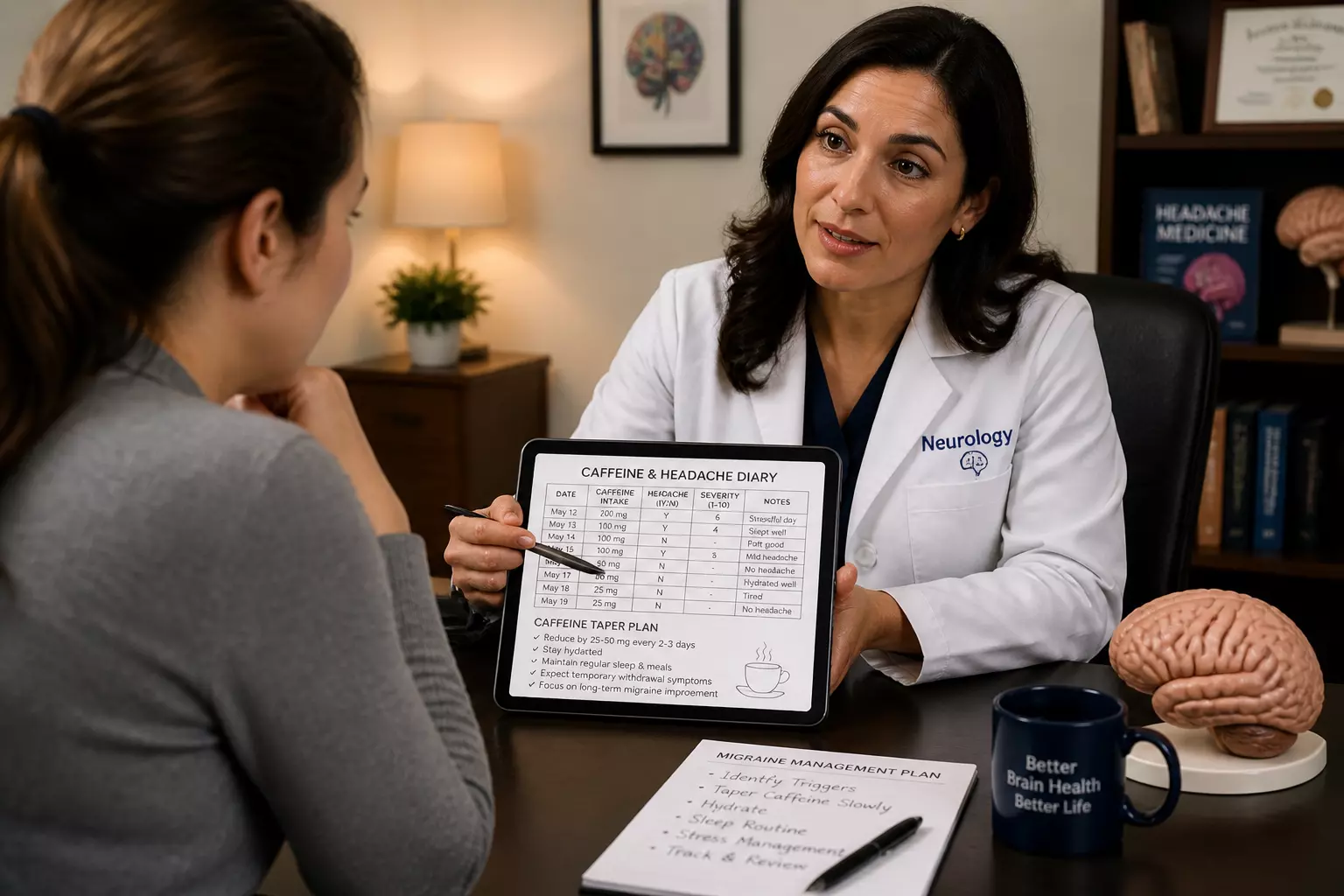 Doctor caffeine tapering headache log consultation