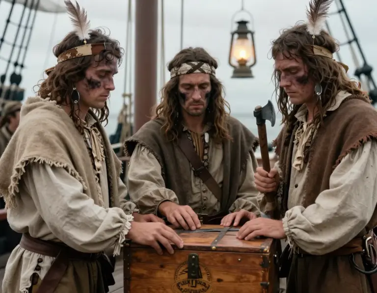 Featured Close Up Of Disguised Colonists In Native American Costumes Handling Tea Chest