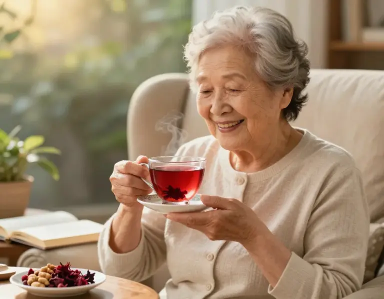 Featured Longevity Anti Aging Cup Of Hibiscus Tea With Vibrant Elderly Person