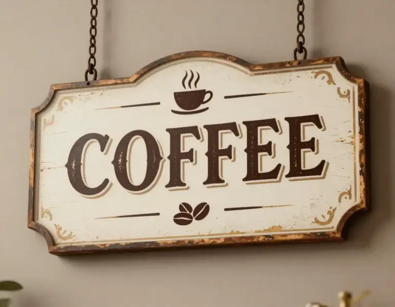 Featured Vintage Distressed Coffee Shop Signage With Ornate Border