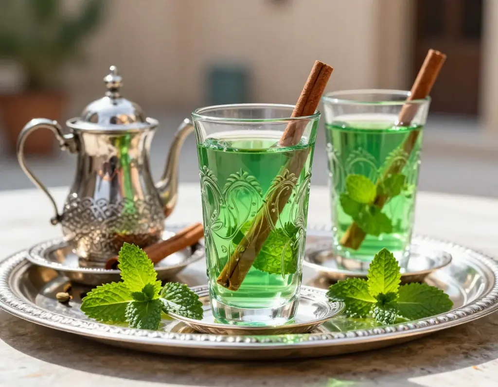 Moroccan mint chai served in an ornate glass on a silver tray