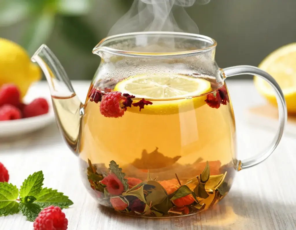 Morning energizer herbal blend with lemon slice in glass teapot