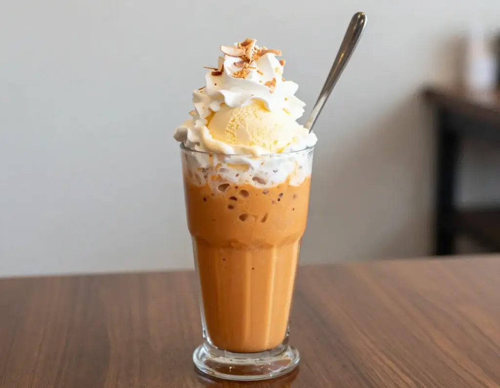 Thai tea ice cream float with whipped cream