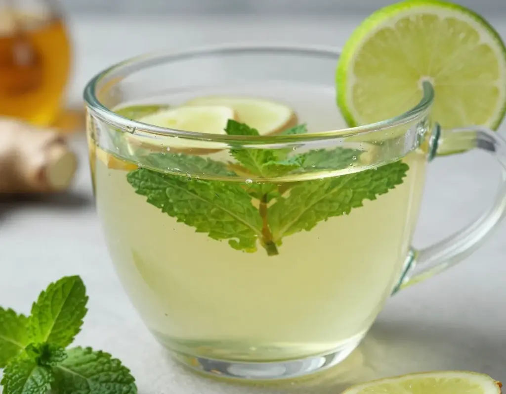Ginger mint digestive tea with lime and fresh leaves