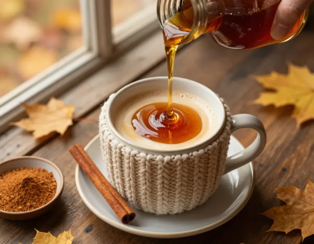Maple cinnamon london fog with autumn maple syrup drizzle