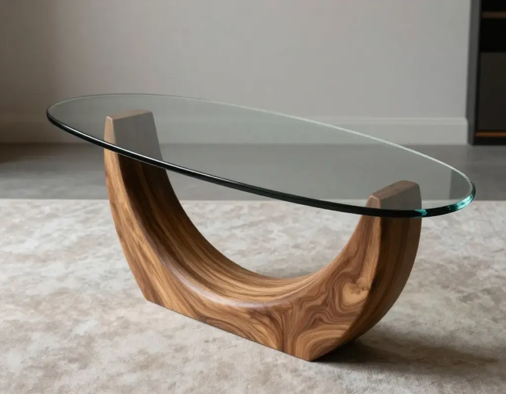 Curved walnut base supporting large smoked glass top asymmetrical sculpture