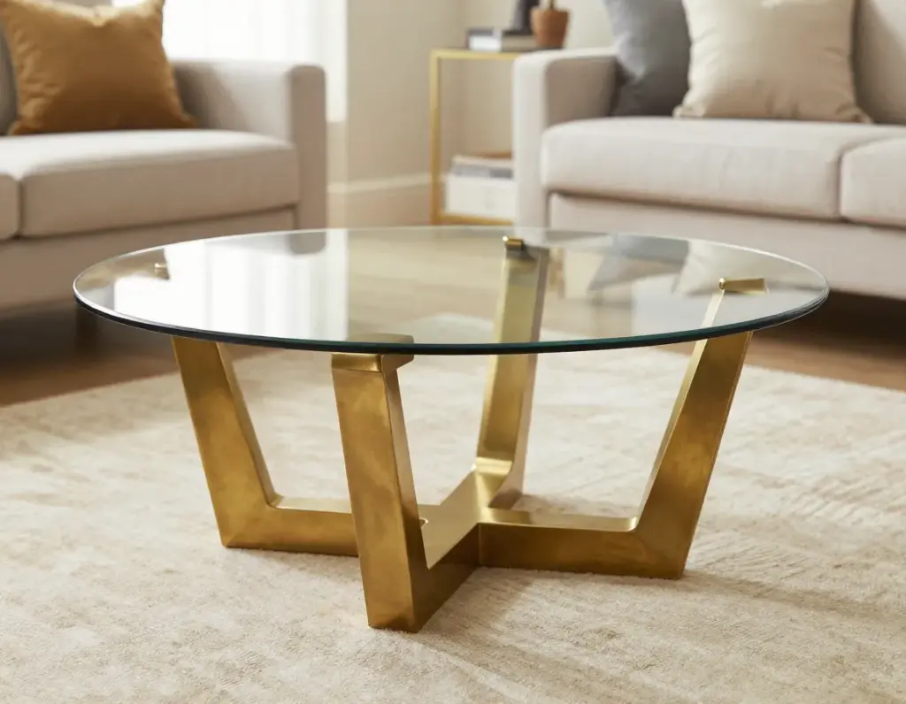 Geometric brass round coffee table in a bright modern living room setting