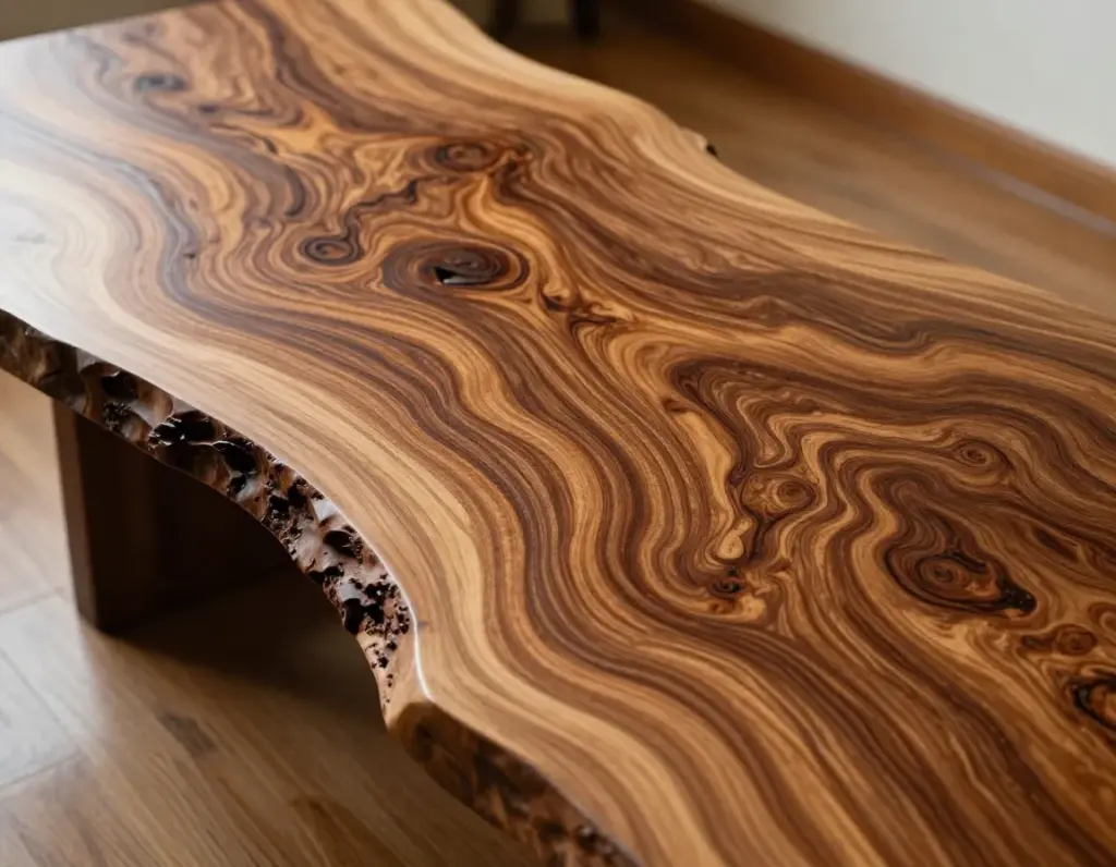 Burl wood masterpiece coffee table live edge organic grain close up