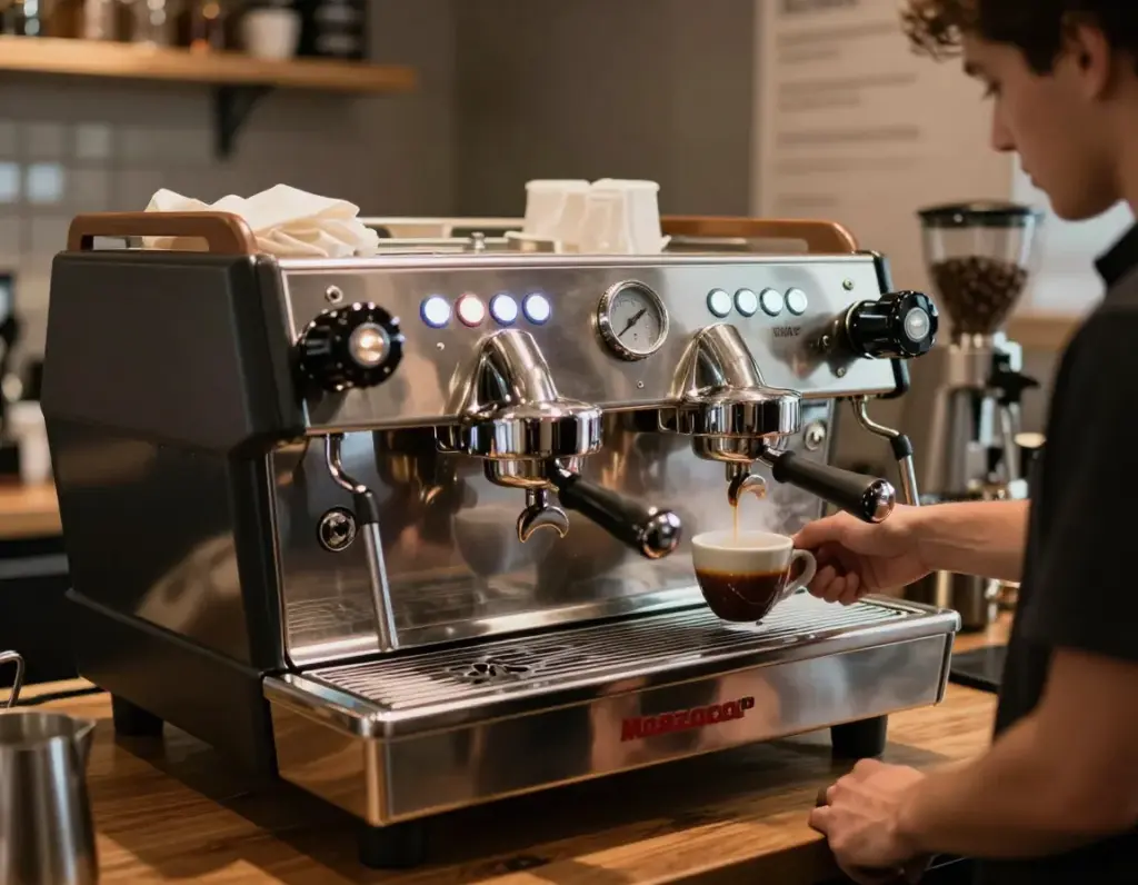 La marzocco strada mp dual boiler espresso machine in a specialty coffee shop setting