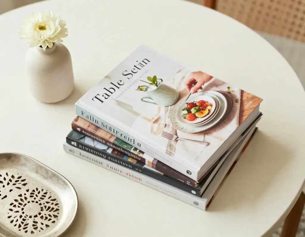 A stack of three lifestyle books about table setting seasonal decorating and hosting