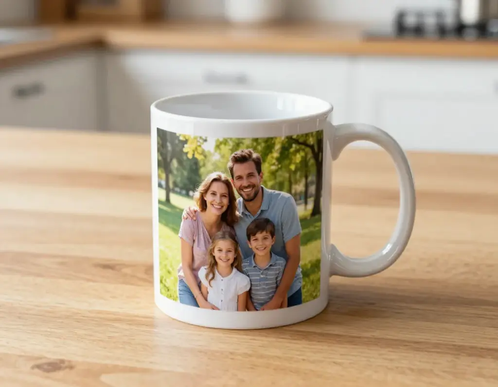 High resolution family photo memory ceramic mug with bright colorful details