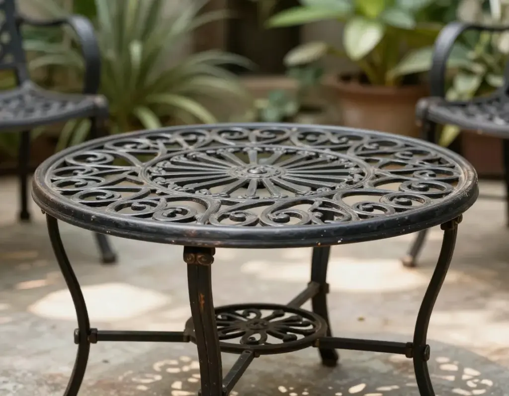 Classic wrought iron round coffee table with scrolled details in garden