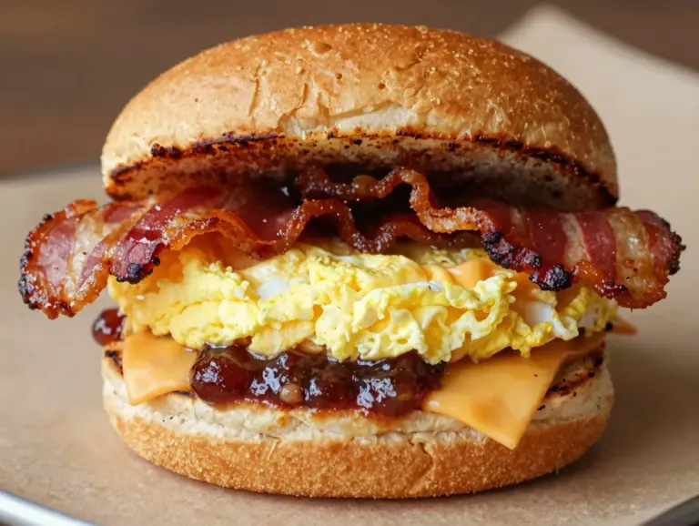 Featured Ultimate Bacon Jam Breakfast Sandwich With Egg Cheese On Brioche Roll